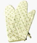 Beige Polka Oven Mitts Kitchen Gloves with Quilted Cotton Lining and Heat Resistance.