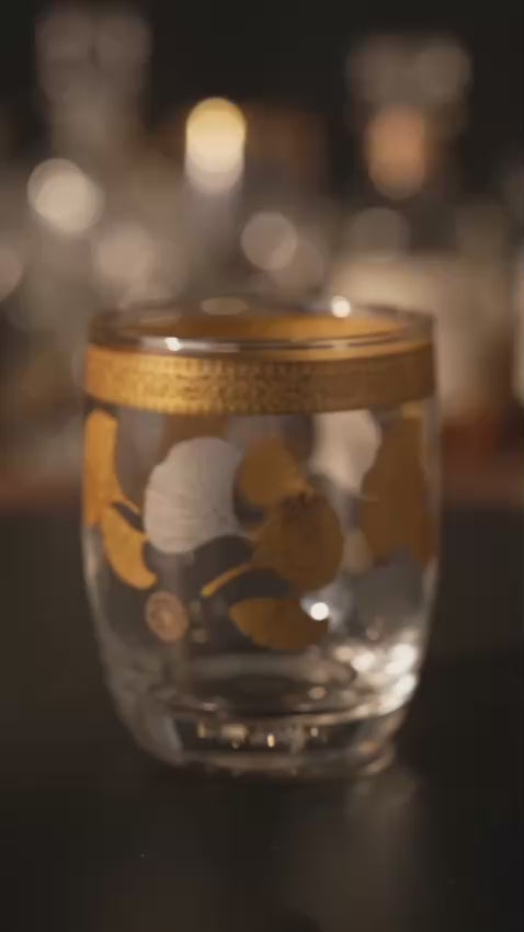 Luxury Set of 6 Glass Drinking Tumblers with Gold & Silver Ginkgo Leaf Design – Decorative Glasses for Water, Juice, Soft Drinks, Mocktails & Entertaining