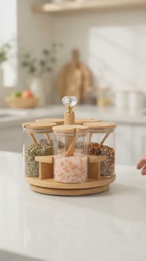 Set of 3 glass Storage Jars with Wooden Stand – Airtight Food Containers with Wooden Lids & Diamond Handles