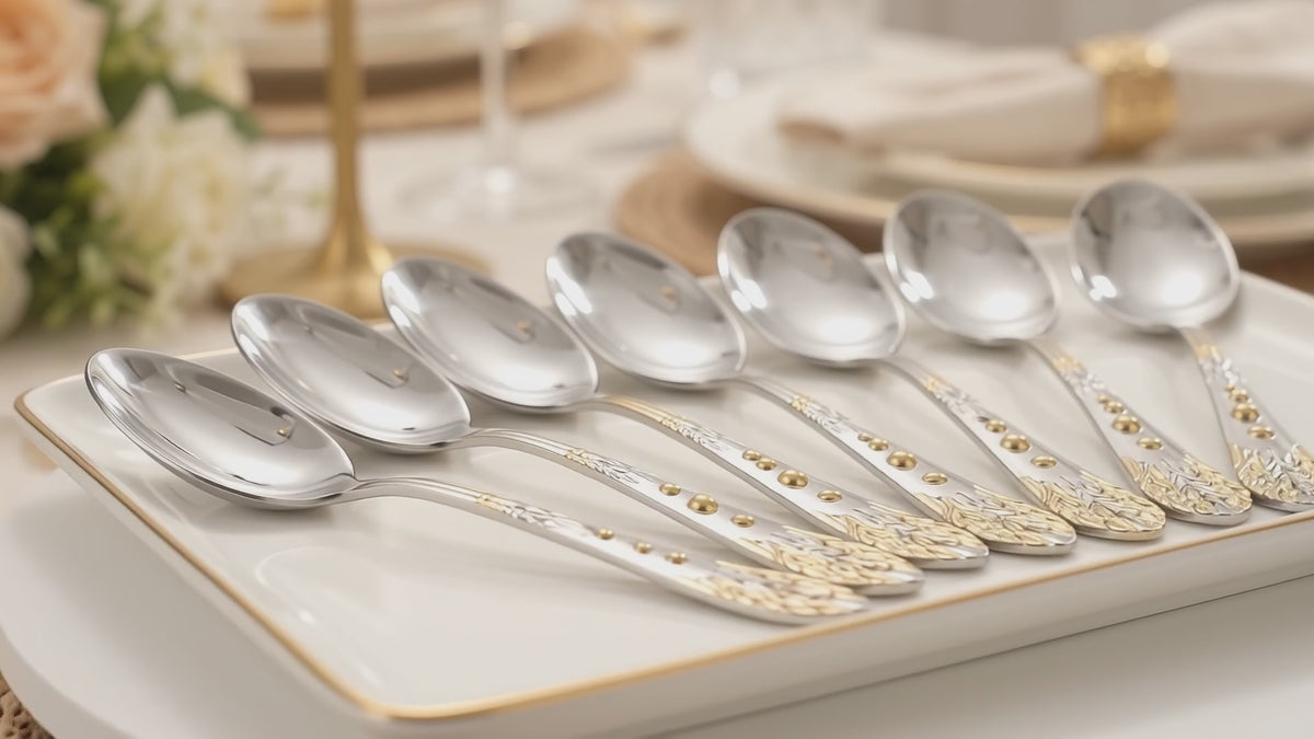Set of 6 Large Table Spoons Stainless Steel 20.5cm – Gold & Silver Decorative Leaf Handle Dining Spoons
