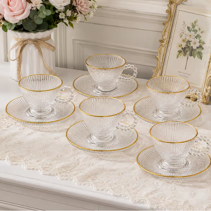 Elegant Gold Rim Glass Tea Cup & Saucer Set 12pcs – 200ml Wide Handle Coffee Cups Luxury Chai Drinkware Set