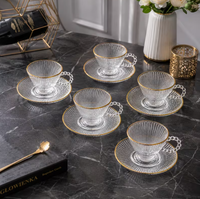 Elegant Gold Rim Glass Tea Cup & Saucer Set 12pcs – 200ml Wide Handle Coffee Cups Luxury Chai Drinkware Set