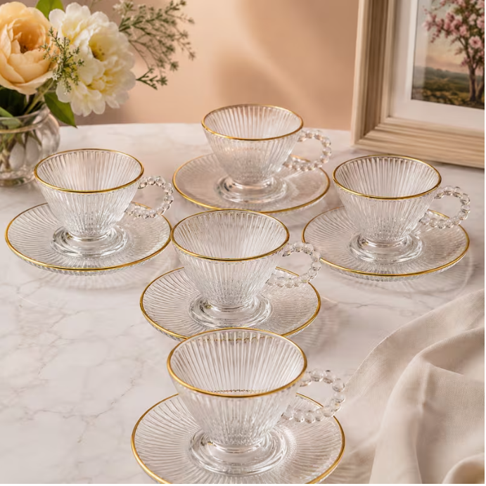 Elegant Gold Rim Glass Tea Cup & Saucer Set 12pcs – 200ml Wide Handle Coffee Cups Luxury Chai Drinkware Set