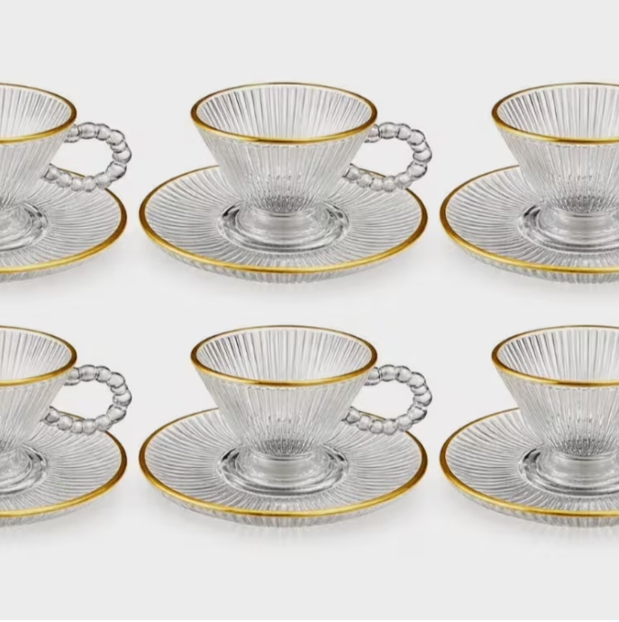 Elegant Gold Rim Glass Tea Cup & Saucer Set 12pcs – 200ml Wide Handle Coffee Cups Luxury Chai Drinkware Set