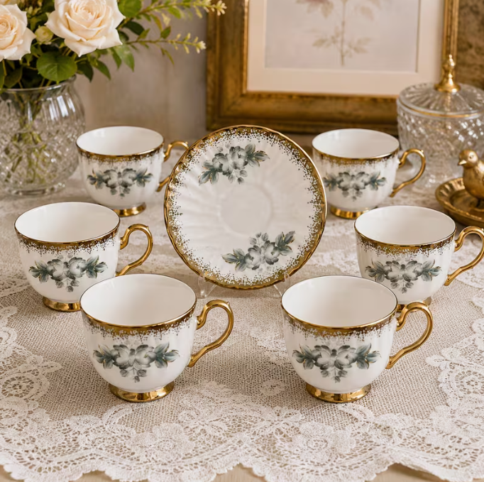 Blue Floral Ceramic Tea Cup & Saucer Set 12PCS – 6 Coffee Cups with 6 Saucers Elegant Gold Handle Drinkware