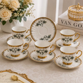 Blue Floral Ceramic Tea Cup & Saucer Set 12PCS – 6 Coffee Cups with 6 Saucers Elegant Gold Handle Drinkware