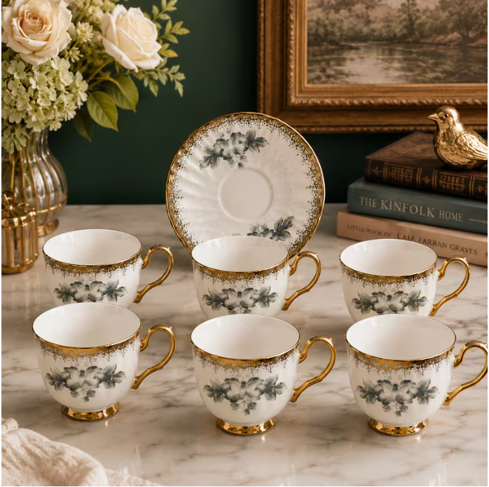 Blue Floral Ceramic Tea Cup & Saucer Set 12PCS – 6 Coffee Cups with 6 Saucers Elegant Gold Handle Drinkware