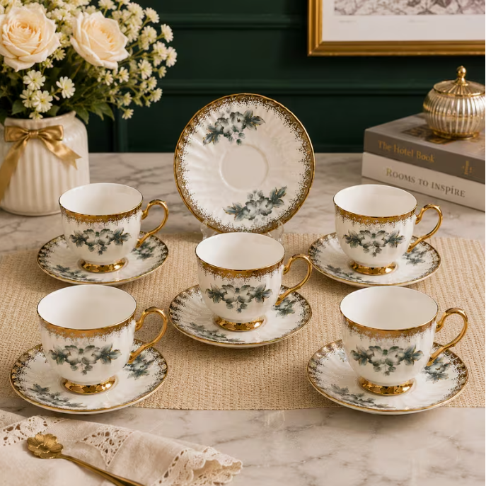Blue Floral Ceramic Tea Cup & Saucer Set 12PCS – 6 Coffee Cups with 6 Saucers Elegant Gold Handle Drinkware
