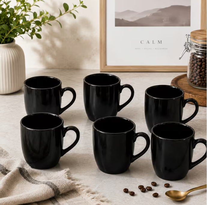 Black Ceramic Coffee Mug Set 6pcs – Modern Tea Cups Matte Finish Minimalist Drinkware for Kitchen & Serving