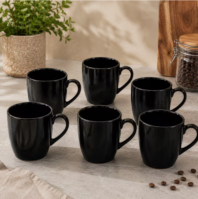 Black Ceramic Coffee Mug Set 6pcs – Modern Tea Cups Matte Finish Minimalist Drinkware for Kitchen & Serving