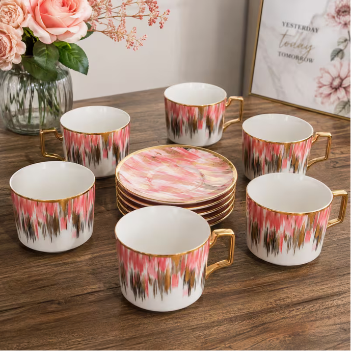 Modern Gold Handle Ceramic Tea Cup & Saucer Set 12PCS – Aesthetic Coffee Cups Luxury Drinkware Set
