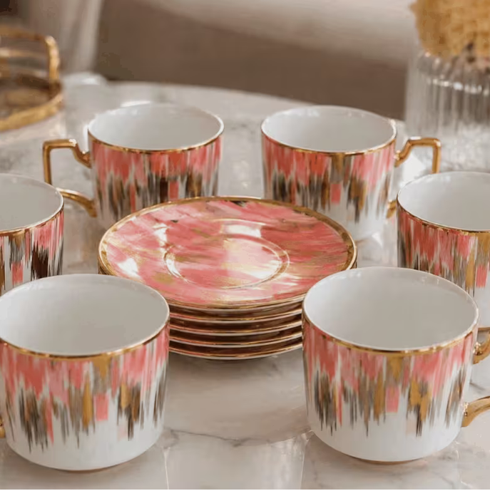 Modern Gold Handle Ceramic Tea Cup & Saucer Set 12PCS – Aesthetic Coffee Cups Luxury Drinkware Set