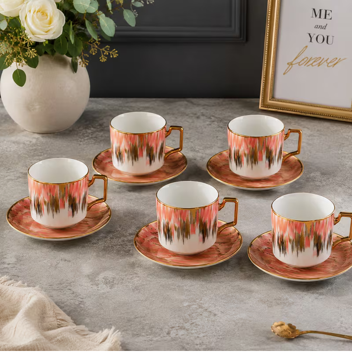 Modern Gold Handle Ceramic Tea Cup & Saucer Set 12PCS – Aesthetic Coffee Cups Luxury Drinkware Set