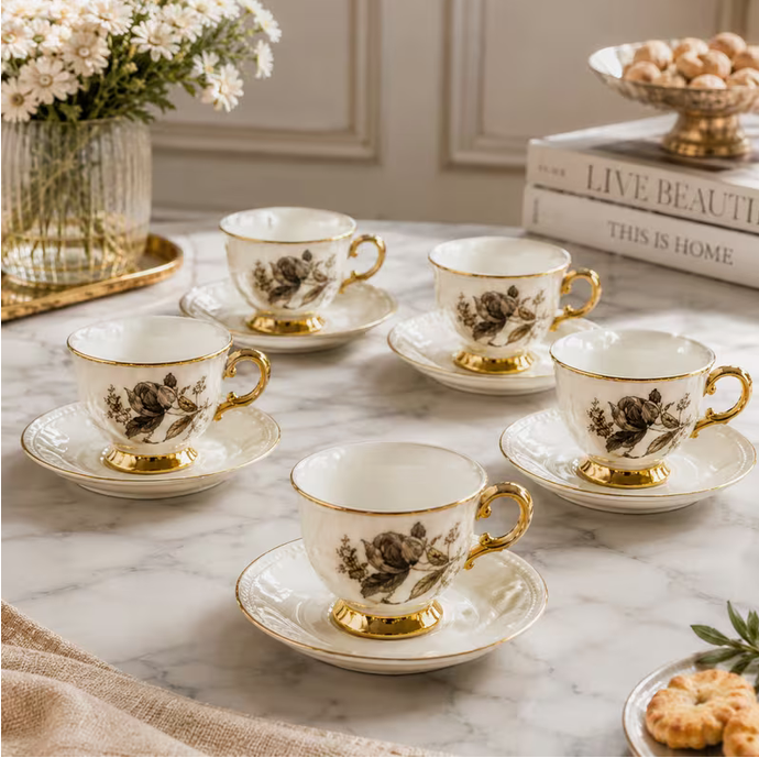 Modern Floral Ceramic Tea Cup & Saucer Set 12pcs – Gold Handle Luxury Coffee Cups Elegant Drinkware Set