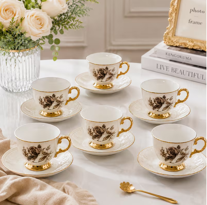 Modern Floral Ceramic Tea Cup & Saucer Set 12pcs – Gold Handle Luxury Coffee Cups Elegant Drinkware Set