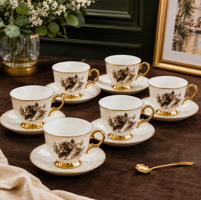 Modern Floral Ceramic Tea Cup & Saucer Set 12pcs – Gold Handle Luxury Coffee Cups Elegant Drinkware Set