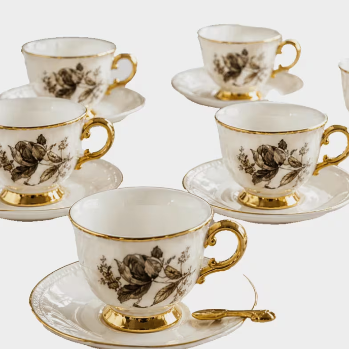 Modern Floral Ceramic Tea Cup & Saucer Set 12pcs – Gold Handle Luxury Coffee Cups Elegant Drinkware Set