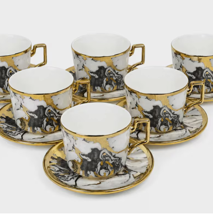 Modern Grey Marble Ceramic Tea Cup & Saucer Set 12PCS – Gold Handle Luxury Coffee Cups Elegant Drinkware