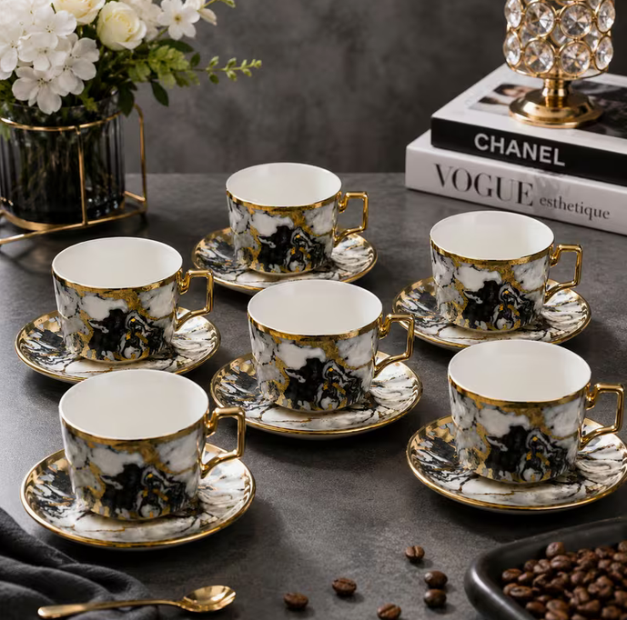 Modern Grey Marble Ceramic Tea Cup & Saucer Set 12PCS – Gold Handle Luxury Coffee Cups Elegant Drinkware