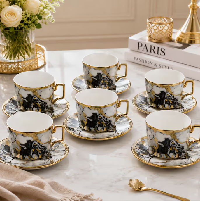 Modern Grey Marble Ceramic Tea Cup & Saucer Set 12PCS – Gold Handle Luxury Coffee Cups Elegant Drinkware