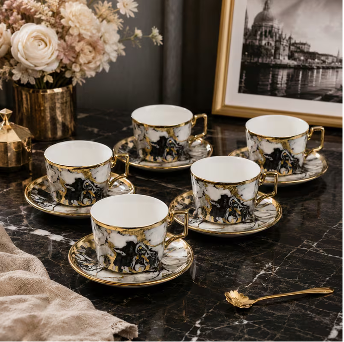Modern Grey Marble Ceramic Tea Cup & Saucer Set 12PCS – Gold Handle Luxury Coffee Cups Elegant Drinkware
