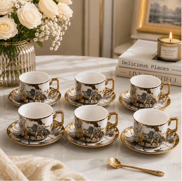 Marble Design Ceramic Tea Cup & Saucer Set 12pcs – 6 Coffee Cups with 6 Saucers Gold Handle Luxury Drinkware