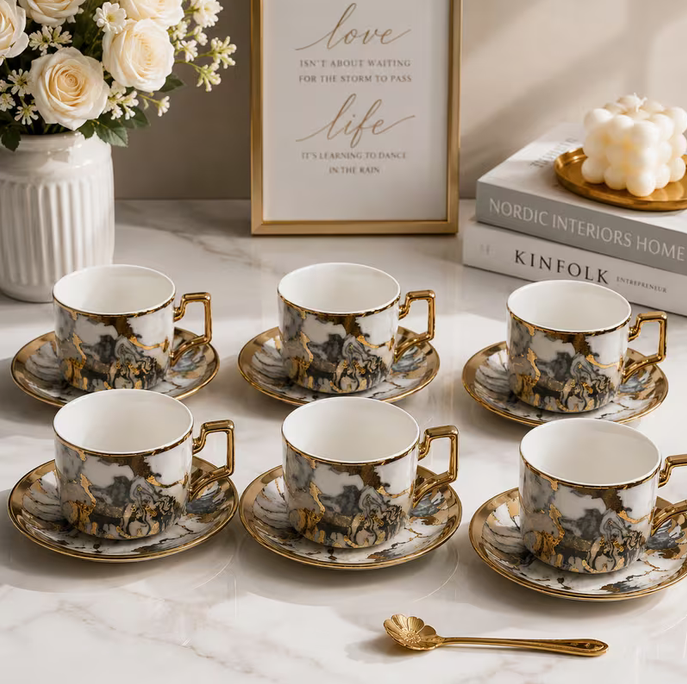Marble Design Ceramic Tea Cup & Saucer Set 12pcs – 6 Coffee Cups with 6 Saucers Gold Handle Luxury Drinkware