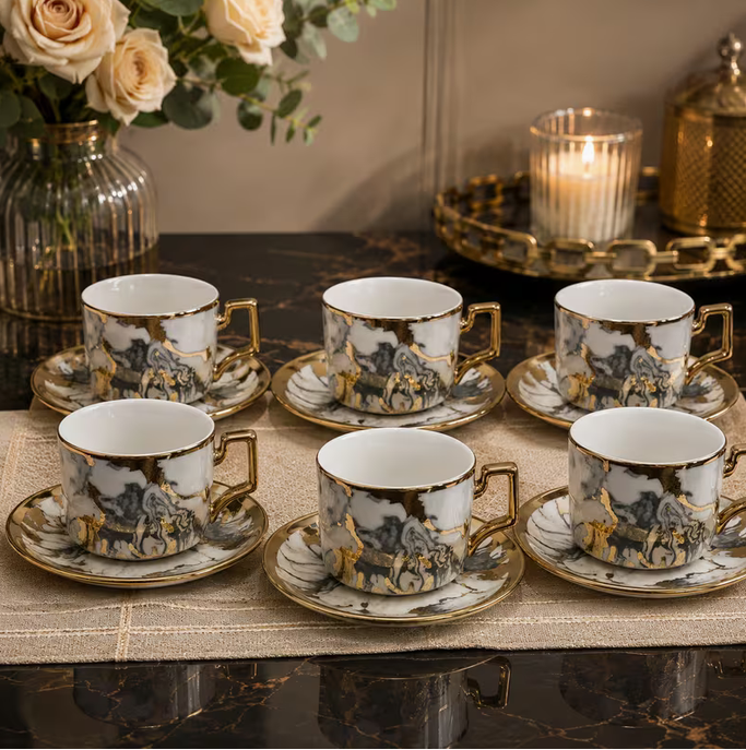 Marble Design Ceramic Tea Cup & Saucer Set 12pcs – 6 Coffee Cups with 6 Saucers Gold Handle Luxury Drinkware