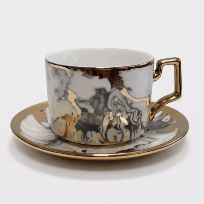 Marble Design Ceramic Tea Cup & Saucer Set 12pcs – 6 Coffee Cups with 6 Saucers Gold Handle Luxury Drinkware
