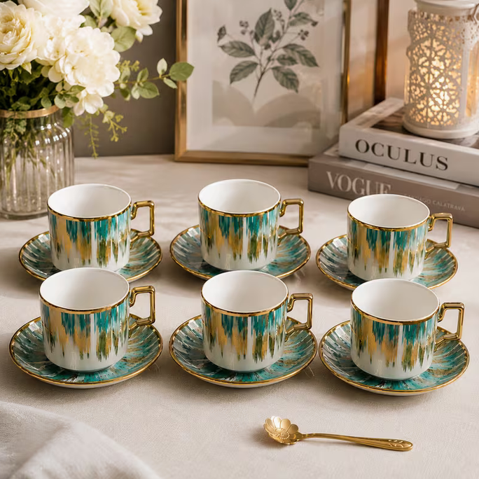 Green Ceramic Tea Cup & Saucer Set 12PCS – 6 Coffee Cups with 6 Saucers Elegant Modern Drinkware