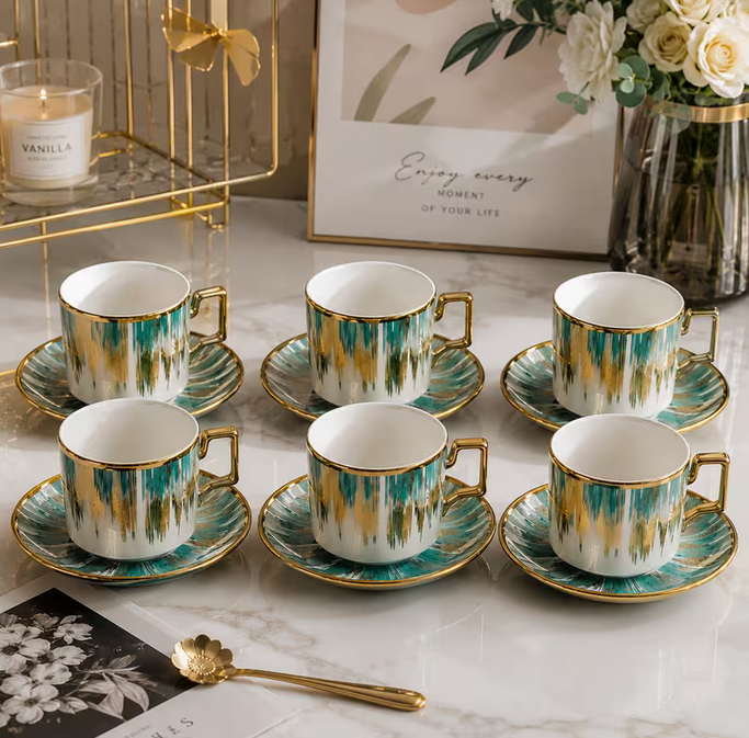 Green Ceramic Tea Cup & Saucer Set 12PCS – 6 Coffee Cups with 6 Saucers Elegant Modern Drinkware