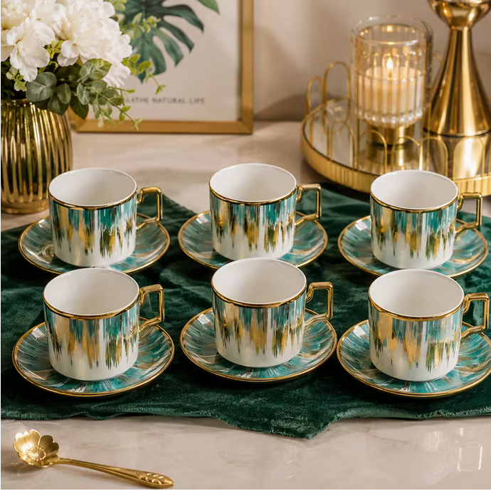 Green Ceramic Tea Cup & Saucer Set 12PCS – 6 Coffee Cups with 6 Saucers Elegant Modern Drinkware
