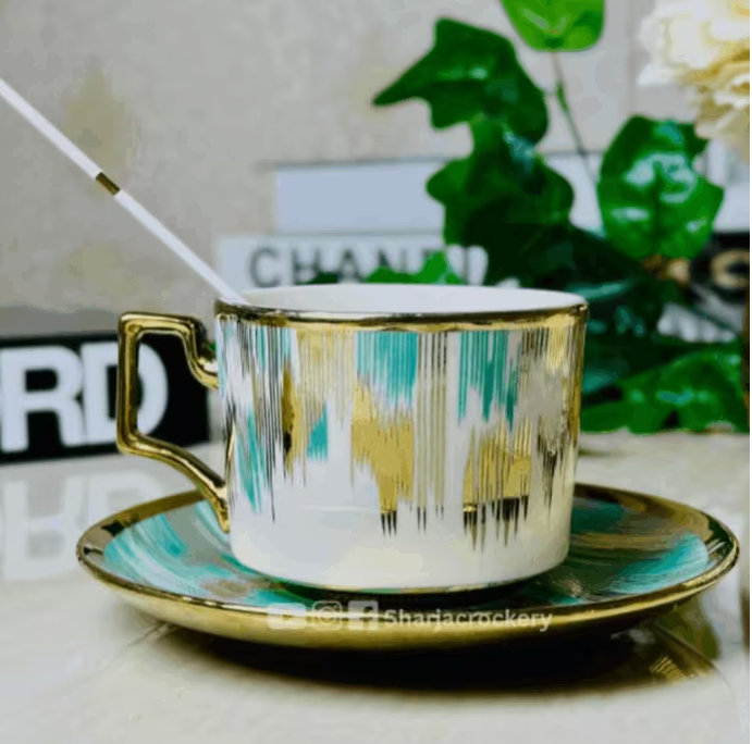 Green Ceramic Tea Cup & Saucer Set 12PCS – 6 Coffee Cups with 6 Saucers Elegant Modern Drinkware