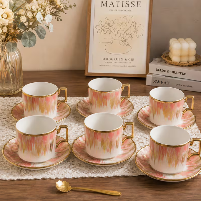 Pink Ceramic Tea Cup & Saucer Set 12pcs – 6 Coffee Cups with 6 Saucers Elegant Modern Drinkware