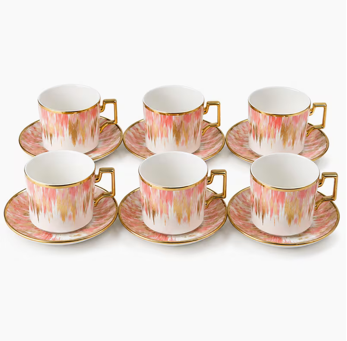 Pink Ceramic Tea Cup & Saucer Set 12pcs – 6 Coffee Cups with 6 Saucers Elegant Modern Drinkware