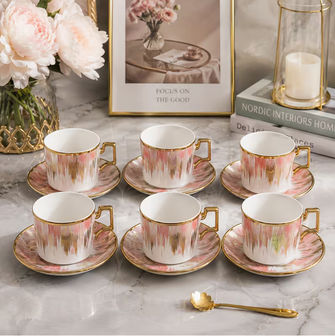 Pink Ceramic Tea Cup & Saucer Set 12pcs – 6 Coffee Cups with 6 Saucers Elegant Modern Drinkware