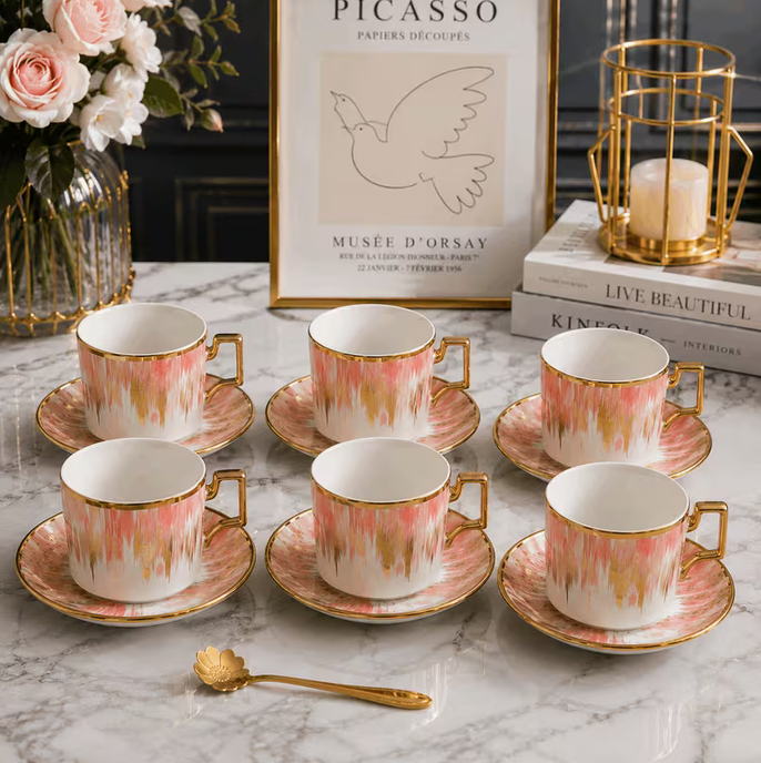 Pink Ceramic Tea Cup & Saucer Set 12pcs – 6 Coffee Cups with 6 Saucers Elegant Modern Drinkware