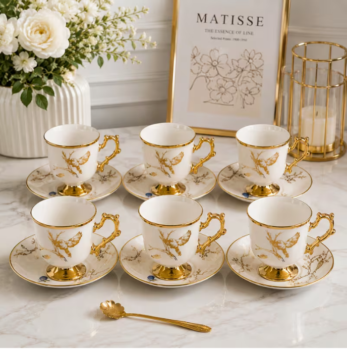 Turkish Style Ceramic Tea Cup & Saucer Set 12pcs – Small Coffee Cups 6 Cups 6 Saucers Elegant Drinkware