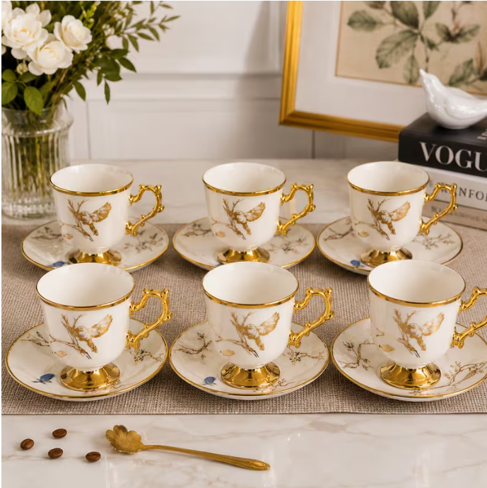 Turkish Style Ceramic Tea Cup & Saucer Set 12pcs – Small Coffee Cups 6 Cups 6 Saucers Elegant Drinkware