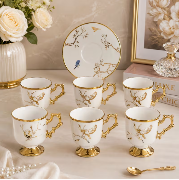 Turkish Style Ceramic Tea Cup & Saucer Set 12pcs – Small Coffee Cups 6 Cups 6 Saucers Elegant Drinkware