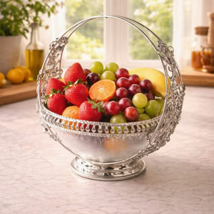 18cm Decorative Fruit Bowl with Glass Insert & Metal Handle – Luxury Serving Basket