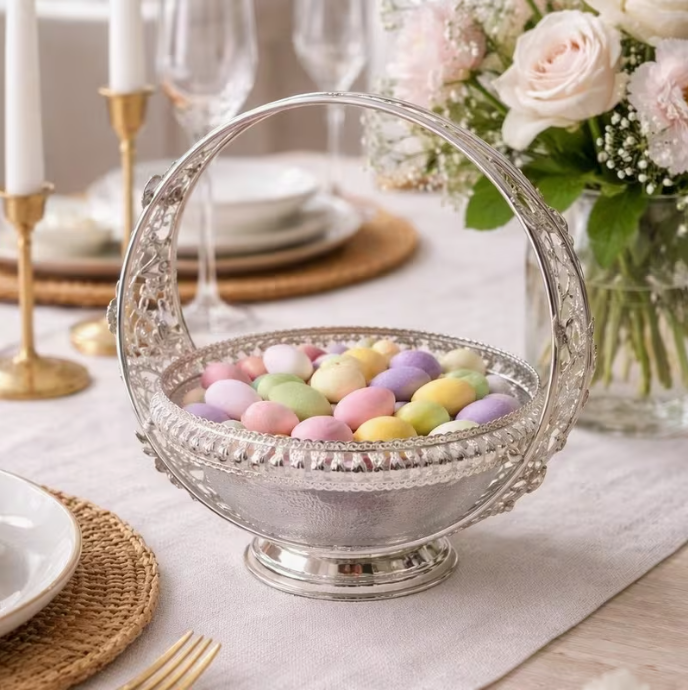 18cm Decorative Fruit Bowl with Glass Insert & Metal Handle – Luxury Serving Basket
