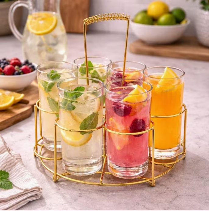 Gold Stainless Steel Glass Holder Rack for 6 Cups – Luxury Drinkware Organizer Stand Kitchen Counter Storage Rack
