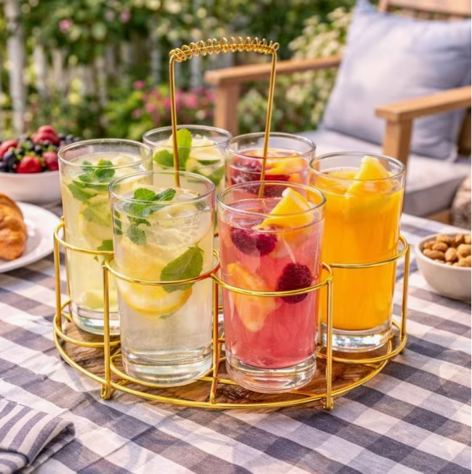 Gold Stainless Steel Glass Holder Rack for 6 Cups – Luxury Drinkware Organizer Stand Kitchen Counter Storage Rack