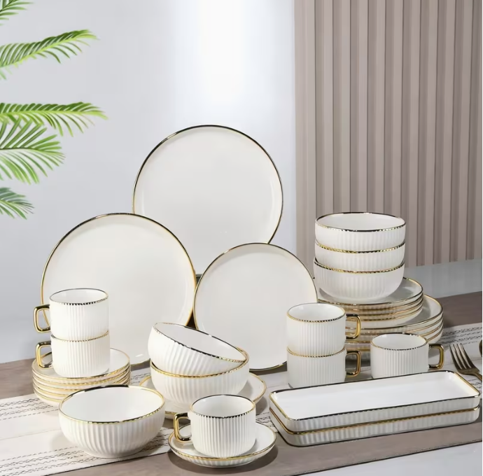 32pcs White Porcelain Dinnerware Set with Gold Rim, Service for 6, Ribbed Plates Bowls Mugs Saucers & Serving Trays, Stackable Kitchen Tableware Set