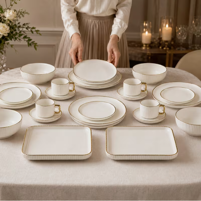 32pcs White Porcelain Dinnerware Set with Gold Rim, Service for 6, Ribbed Plates Bowls Mugs Saucers & Serving Trays, Stackable Kitchen Tableware Set