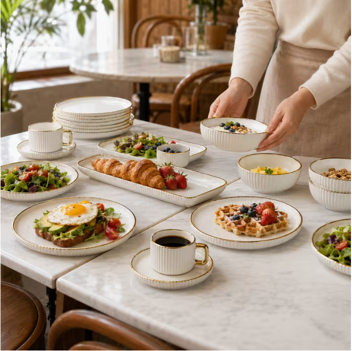 32pcs White Porcelain Dinnerware Set with Gold Rim, Service for 6, Ribbed Plates Bowls Mugs Saucers & Serving Trays, Stackable Kitchen Tableware Set