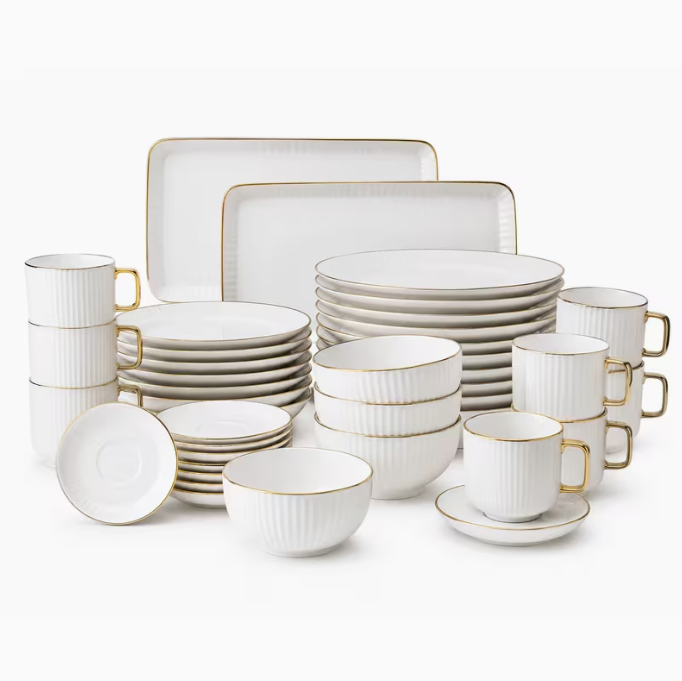 32pcs White Porcelain Dinnerware Set with Gold Rim, Service for 6, Ribbed Plates Bowls Mugs Saucers & Serving Trays, Stackable Kitchen Tableware Set