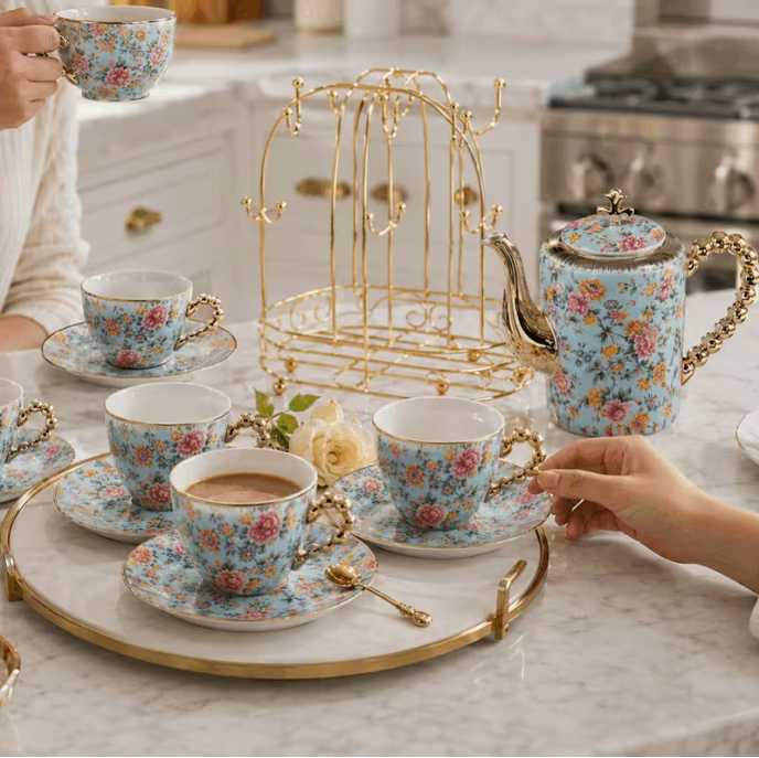 Luxury Floral Tea Set with Gold Stand – 1 Teapot, 6 Cups & 6 Saucers with Rack