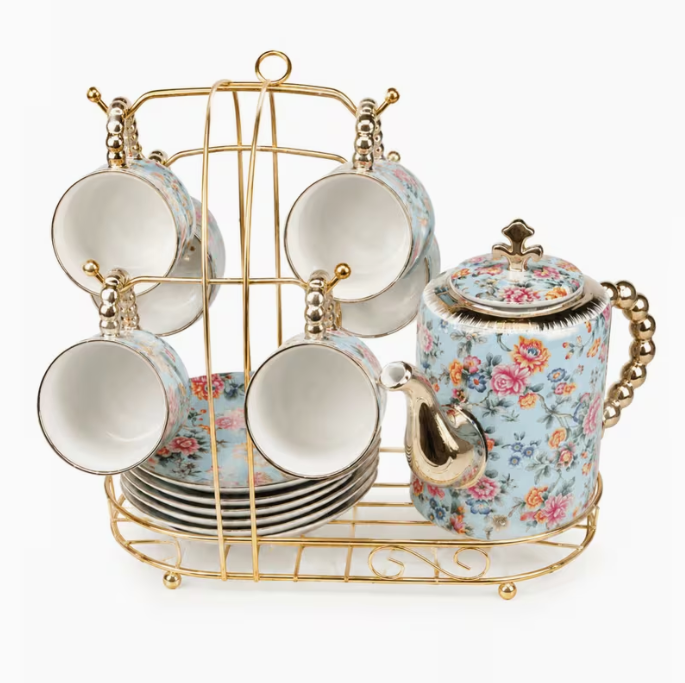 Luxury Floral Tea Set with Gold Stand – 1 Teapot, 6 Cups & 6 Saucers with Rack